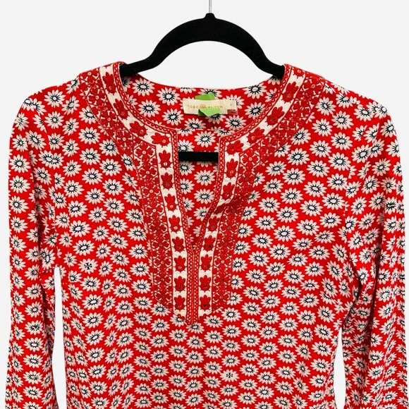 Tory Burch Jayne tunic red daisy floral print sequins embroidery boho spring - Picture 6 of 15